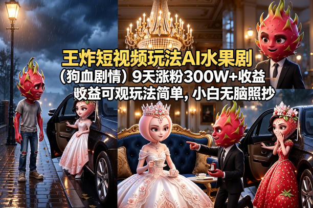 王炸短视频玩法AI水果剧（狗血剧情）9天涨粉300W+收益可观玩法简单，小白无脑照抄，详细拆解玩法-悟空知识星球
