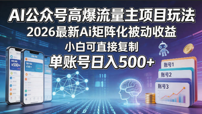 AI公众号高爆流量主项目玩法，2026最新Ai矩阵化被动收益，小白可直接复制，单账号日入500+-悟空知识星球