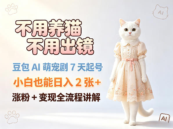 不用养猫不用出镜，豆包AI萌宠剧7天起号，小白也能日入2张+，涨粉+变现全流程讲解-悟空知识星球