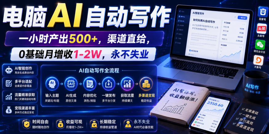 电脑AI自动写作,一小时产出500+,渠道直给,0基础月增收1-2W,永不失业【揭秘】-悟空知识星球