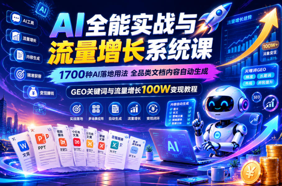 AI全能实战与流量增长系统课，1700种AI落地用法，全品类文档内容自动生成，GEO关键词与流量增长100W变现教程-悟空知识星球
