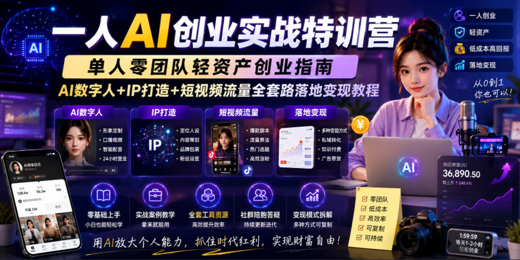 一人AI创业实战特训营，单人零团队轻资产创业指南，AI数字人+IP打造+短视频流量全套路落地变现教程-悟空知识星球