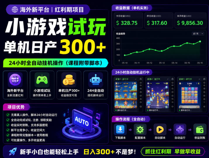 海外新平台，小游戏试玩，单机日产300+，24小时全自动挂G操作（课程附带脚本）【揭秘】-悟空知识星球