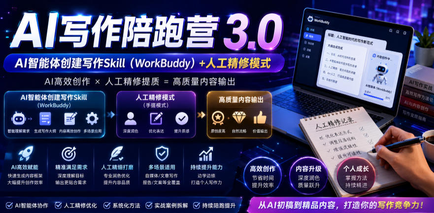 AI写作陪跑营3.0,Ai智能体创建写作skill(workbuddy)+人工手写模式(手搓模式),去除AI痕迹(头条号、公众号、百家号)-悟空知识星球