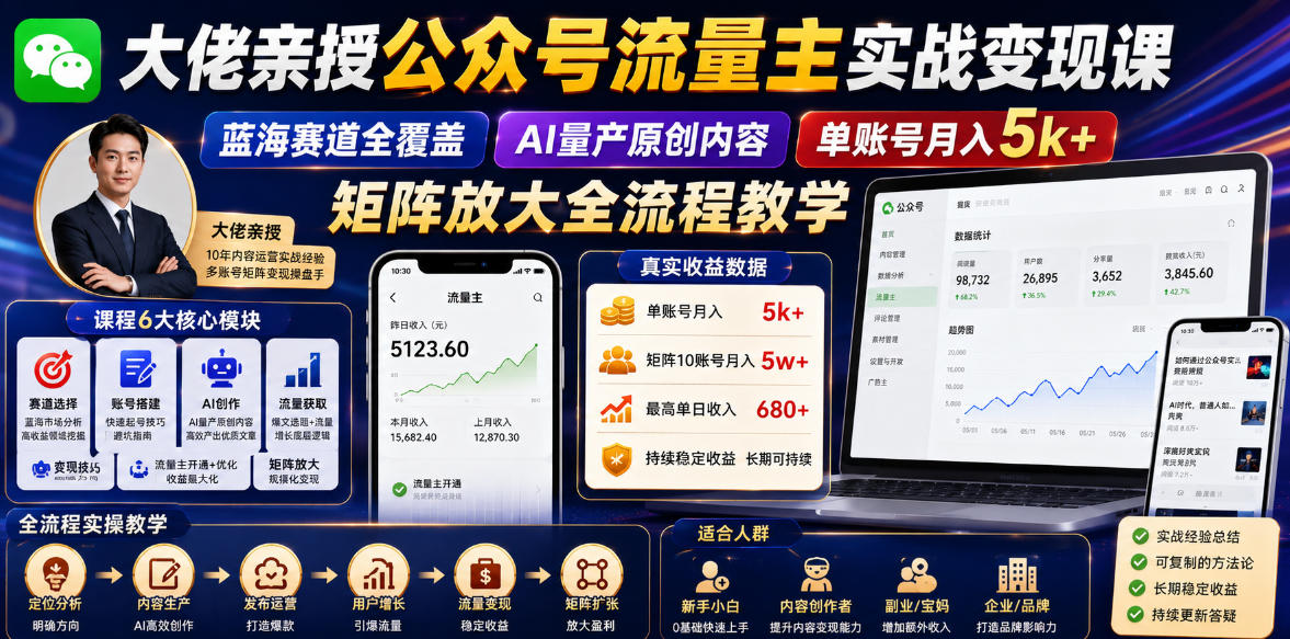 大佬亲授公众号流量主实战变现课,蓝海赛道全覆盖,AI量产原创内容,单账号月入5k+矩阵放大全流程教学-悟空知识星球