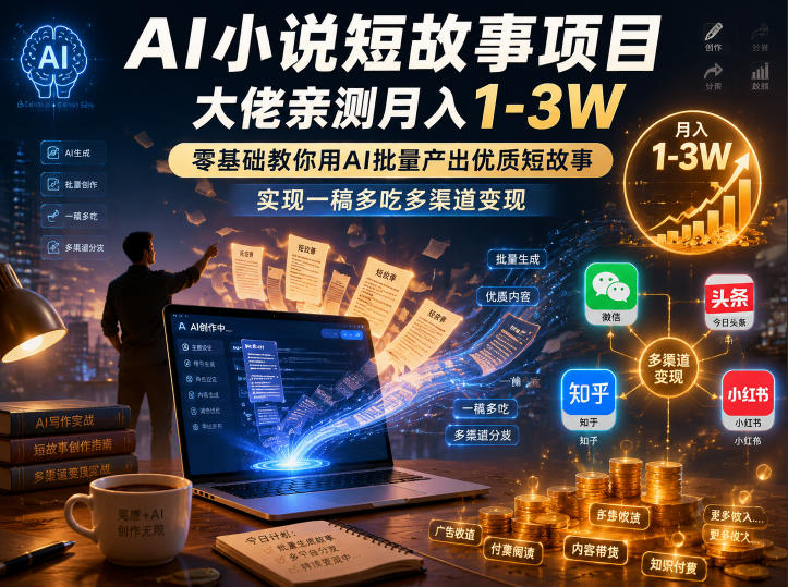 AI小说短故事项目,大佬亲测月入1-3W,零基础教你用AI批量产出优质短故事,实现一稿多吃多渠道变现-悟空知识星球