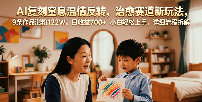 AI复刻窒息温情反转，治愈赛道新玩法，9条作品涨粉122W，日收益700+ 小白轻松上手，详细流程拆解-悟空知识星球