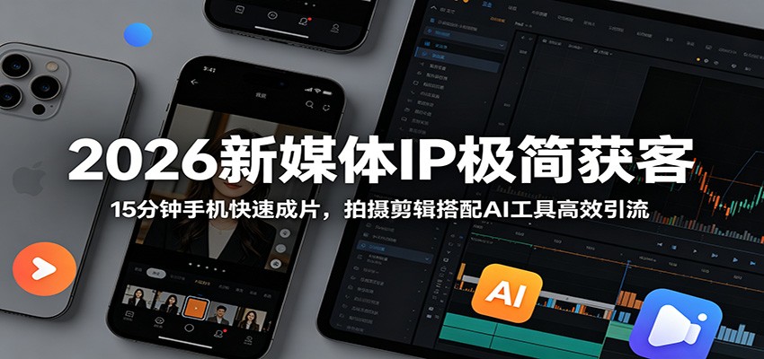2026新媒体IP极简获客:15分钟手机快速成片,拍摄剪辑搭配AI工具高效引流-悟空知识星球