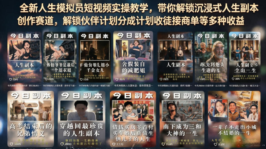 全新人生模拟员短视频实操教学，带你解锁沉浸式人生副本创作赛道，解锁伙伴计划分成计划收徒接商单等多种收益-悟空知识星球