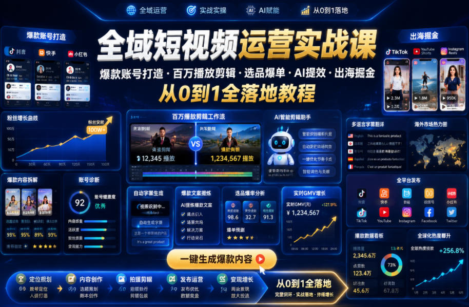 全域短视频运营实战课,爆款账号打造・百万播放剪辑・选品爆单・AI提效・出海掘金,从0到1全落地教程-悟空知识星球