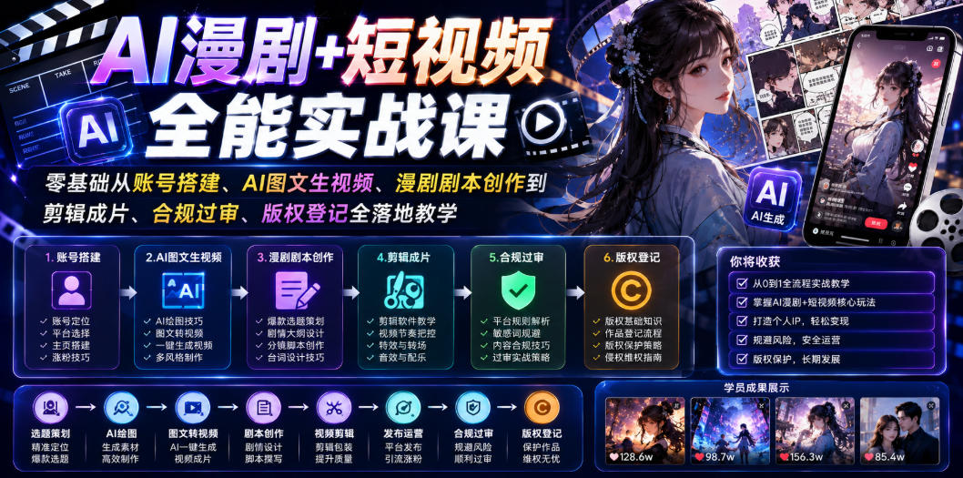 AI漫剧+短视频全能实战课|零基础从账号搭建、AI图文生视频、漫剧剧本创作到剪辑成片、合规过审、版权登记全落地教学-悟空知识星球
