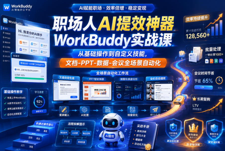 职场人AI提效神器WorkBuddy实战课,从基础操作到自定义技能,文档-PPT-数据-会议全场景自动化-悟空知识星球
