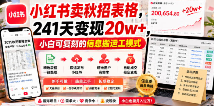 小红书卖秋招表格,241天变现20w+,小白可复刻的信息搬运工模式-悟空知识星球
