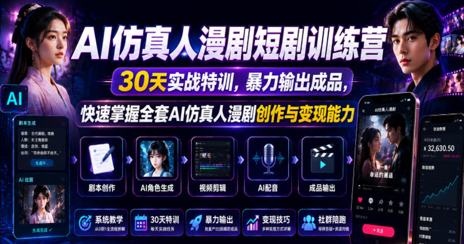 AI仿真人漫剧短剧训练营,30天实战特训,暴力输出成品,快速掌握全套AI仿真人漫剧创作与变现能力-悟空知识星球