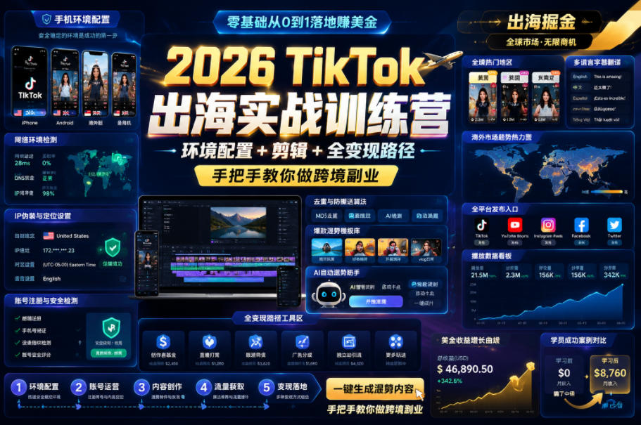 2026 TikTok出海实战训练营,环境配置 + 剪辑 + 全变现路径,手把手教你做跨境副业-悟空知识星球