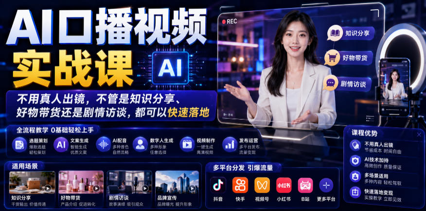 AI口播视频实战课,不用真人出镜,不管是知识分享、好物带货还是剧情访谈,都可以快速落地-悟空知识星球
