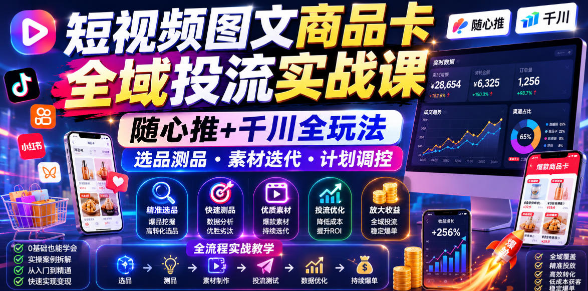 短视频图文商品卡全域投流实战课,随心推+千川全玩法,选品测品・素材迭代・计划调控,提升ROI爆单增收教程-悟空知识星球