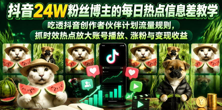 抖音24W粉丝博主的每日热点信息差教学,吃透创作者伙伴计划流量规则,抓时效热点放大账号播放、涨粉与变现收益-悟空知识星球