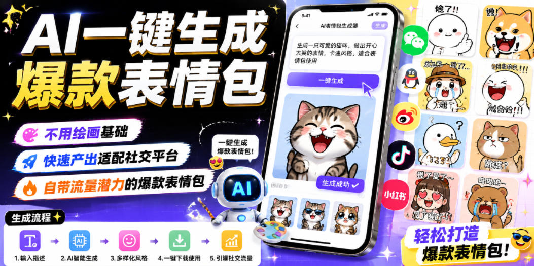 AI一键生成爆款表情包,不用绘画基础,快速产出适配社交平台,自带流量潜力的爆款表情包-悟空知识星球