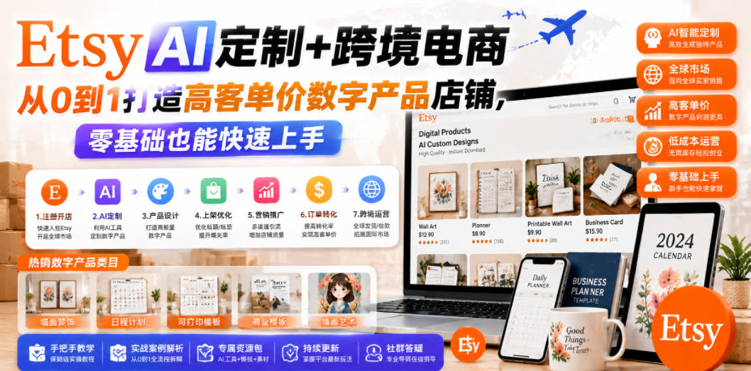Etsy AI定制+跨境电商,从0到1打造高客单价数字产品店铺,零基础也能快速上手-悟空知识星球