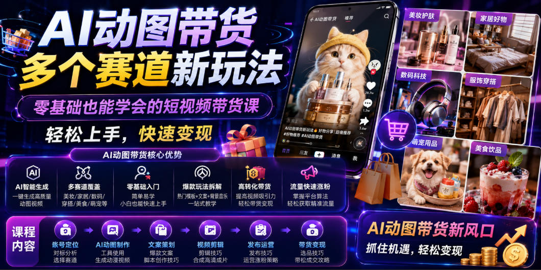 AI动图带货多个赛道新玩法,零基础也能学会的短视频带货课,轻松上手,快速变现-悟空知识星球