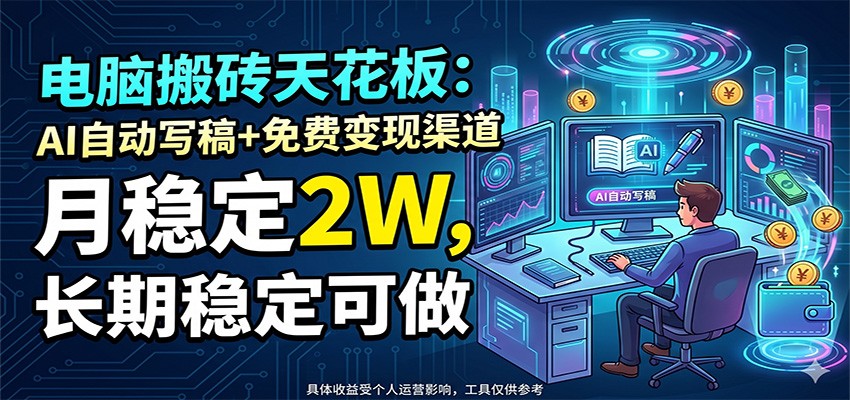 电脑搬砖天花板：AI自动写稿+免费变现渠道，月稳定2W，长期稳定可做-悟空知识星球