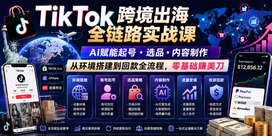 TikTok跨境出海全链路实战课,AI赋能起号・选品・内容制作,从环境搭建到回款全流程,零基础賺美刀-悟空知识星球