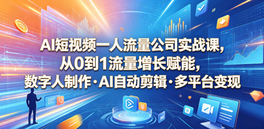 AI短视频一人流量公司实战课,从0到1流量增长赋能,数字人制作・AI自动剪辑・多平台变现,一人做流量生意全落地教程-悟空知识星球
