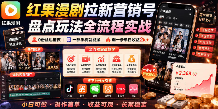 红果漫剧拉新营销号盘点玩法全流程实战,0粉丝也能做,一部手机就能做,爆一条单日收益2k+-悟空知识星球