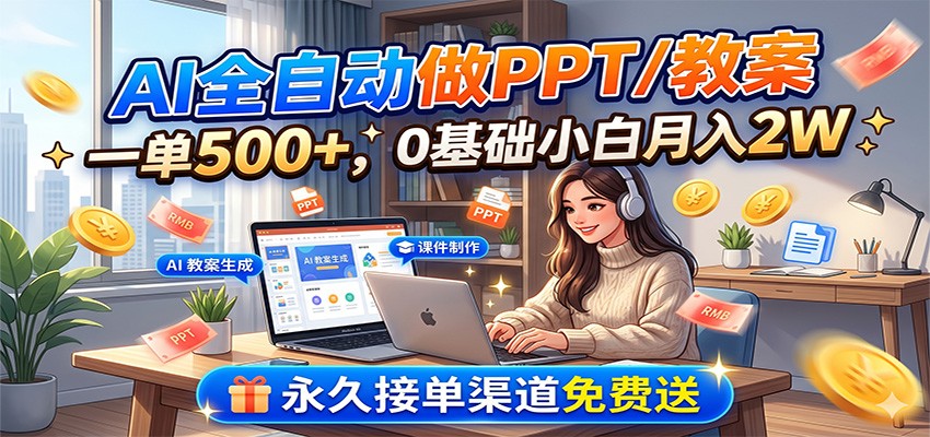 AI全自动做PPT/教案，一单500+，0基础小白月入2W，永久接单渠道免费送-悟空知识星球