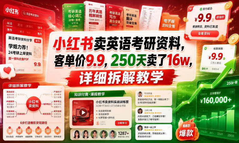 小红书卖英语考研资料,客单价9.9,250天卖了16w,详细拆解教学-悟空知识星球