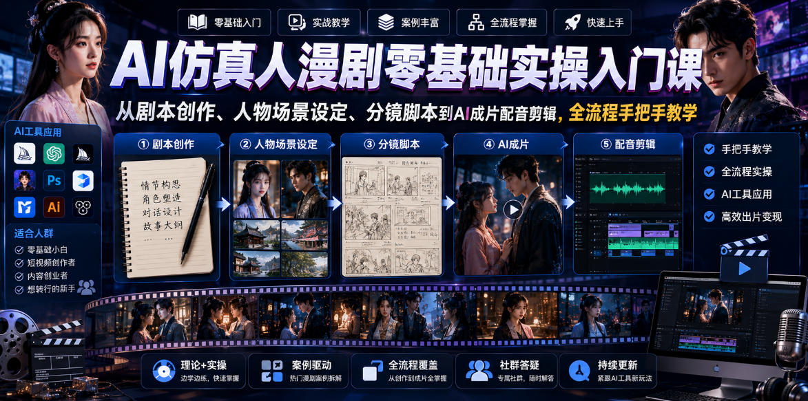 AI仿真人漫剧零基础实操入门课,从剧本创作、人物场景设定、分镜脚本到AI成片配音剪辑,全流程手把手教学-悟空知识星球
