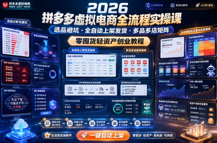 2026拼多多虚拟电商全流程实操课,选品避坑・全自动上架发货・多品多店矩阵,零囤货轻资产创业教程-悟空知识星球