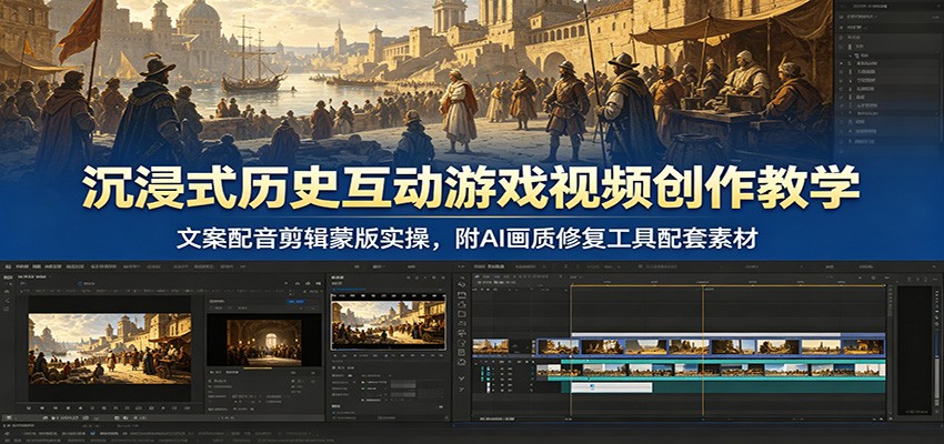 沉浸式历史互动游戏视频创作教学:文案配音剪辑蒙版实操,附AI画质修复工具配套素材-悟空知识星球