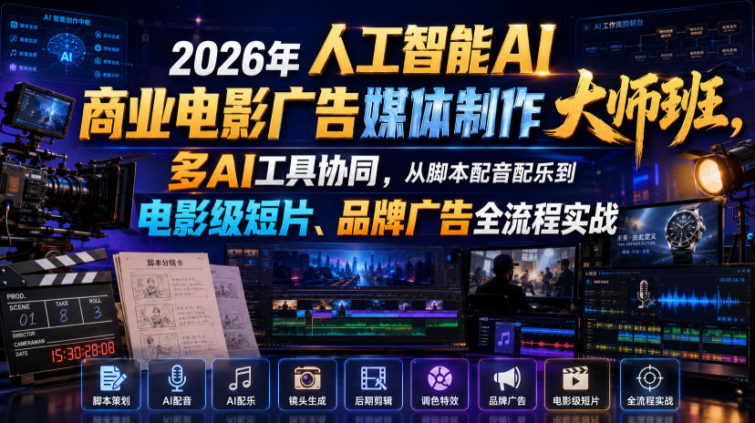 2026年人工智能AI商业电影广告媒体制作大师班,多AI工具协同,从脚本配音配乐到电影级短片、品牌广告全流程实战(中英字幕)-悟空知识星球