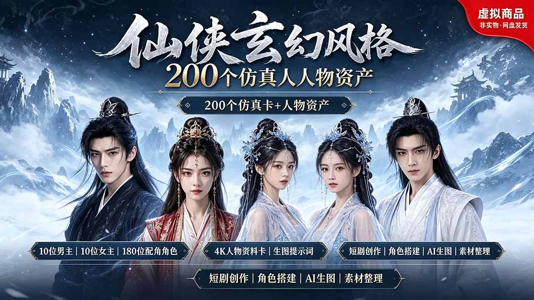 (19301期)200个仙侠玄幻仿真人素材◆10男主×10女主×180配角,4K资料卡+AI生图提示词,漫剧必备-悟空知识星球