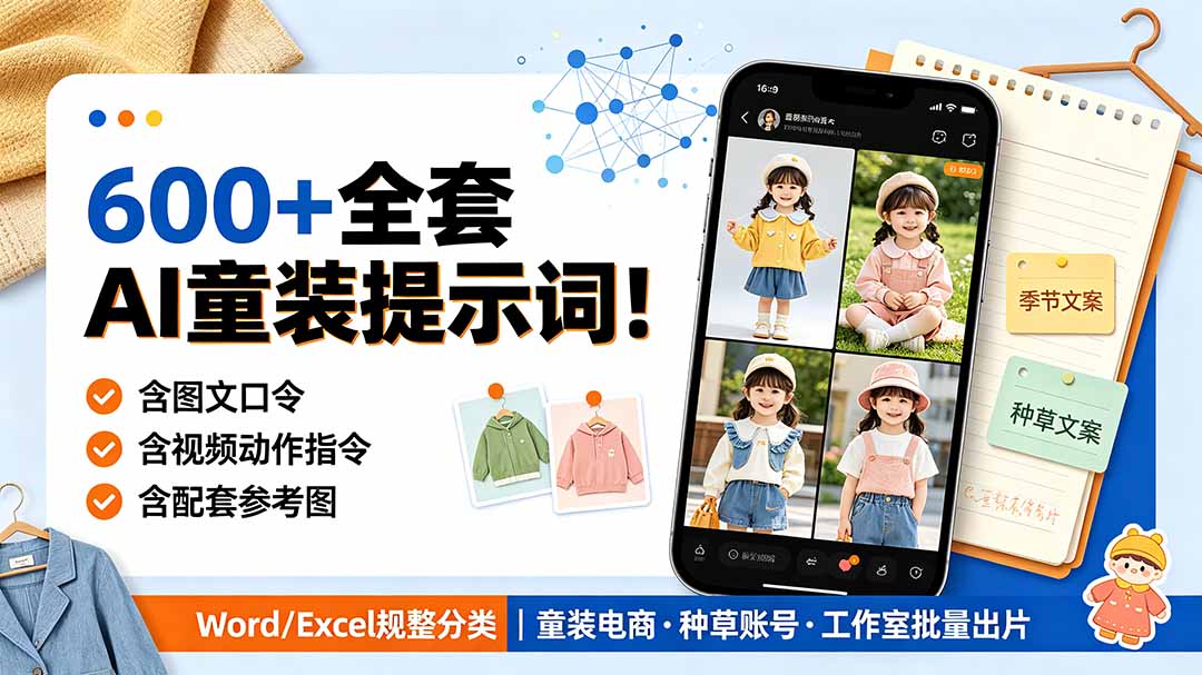 (19302期)600+全套AI童装提示词!含图文口令+视频动作指令+配套参考图,Word/Excel规整分类,童装电商、种草无脑量产内容-悟空知识星球
