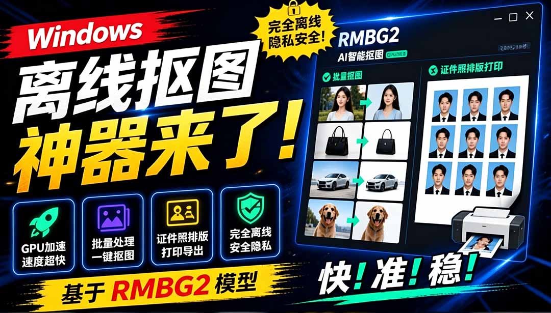 (19357期)Windows离线抠图神器来了!支持批量抠图 + 证件照排版打印,基于RMBG2模型,GPU加速 方块AI抠图-悟空知识星球