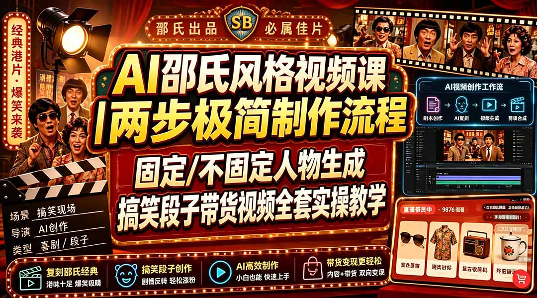 (19602期)AI邵氏风格视频课|两步极简制作流程,固定/不固定人物生成,搞笑段子带货视频全套实操教学-悟空知识星球
