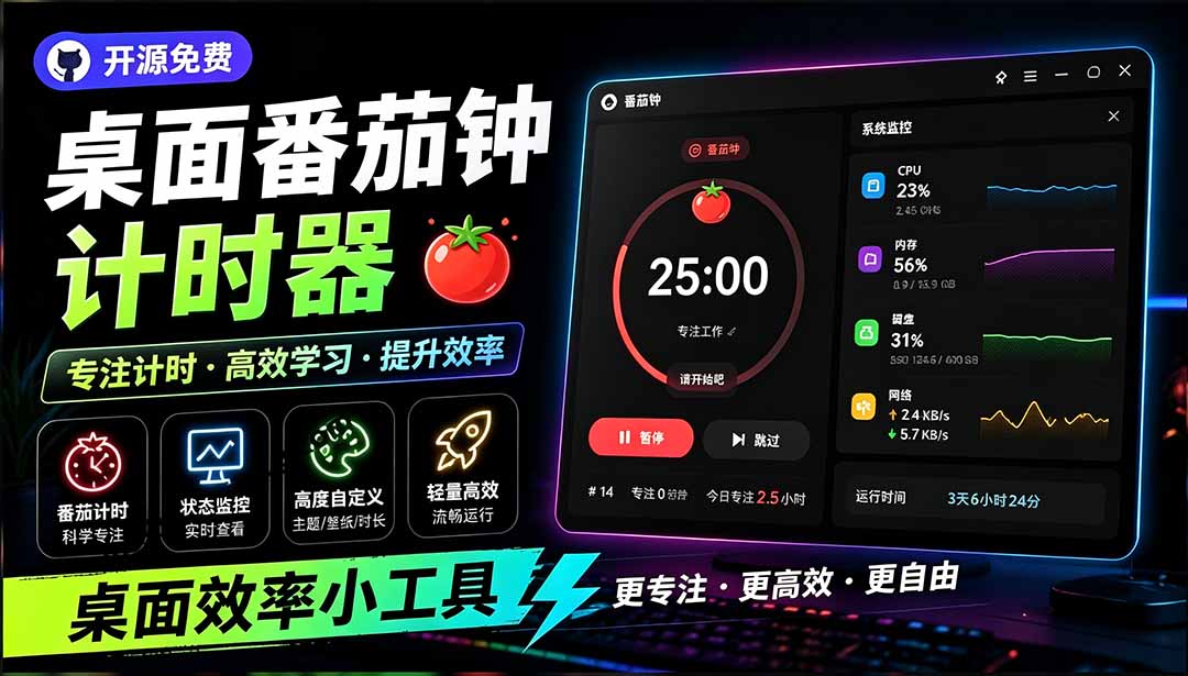 (19564期)仅1.16MB,开源极简的桌面时钟、番茄钟计时器,还支持系统监控显示,桌面效率小工具 Catime-悟空知识星球