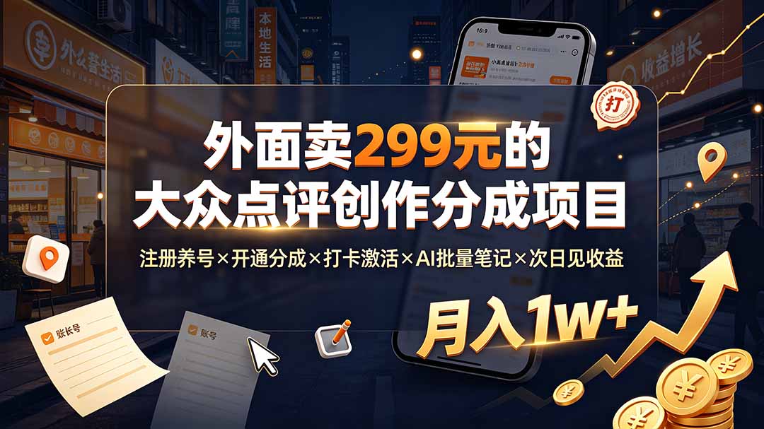 (19488期)外面卖299元的大众点评创作分成项目:注册养号×开通分成×打卡激活×AI批量笔记×次日见收益,月入1w+-悟空知识星球