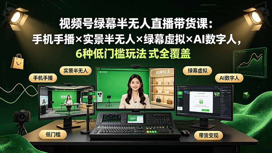 （19271期）视频号绿幕半无人直播带货课：手机手播×实景半无人×绿幕虚拟×AI数字人，6种低门槛玩法全覆盖-悟空知识星球