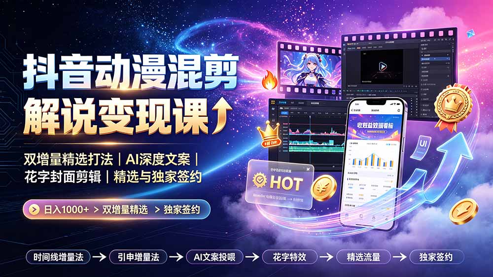(19311期)抖音动漫混剪解说变现课:双增量精选打法|AI深度文案|花字封面剪辑| 精选与独家签约日入1000+-悟空知识星球