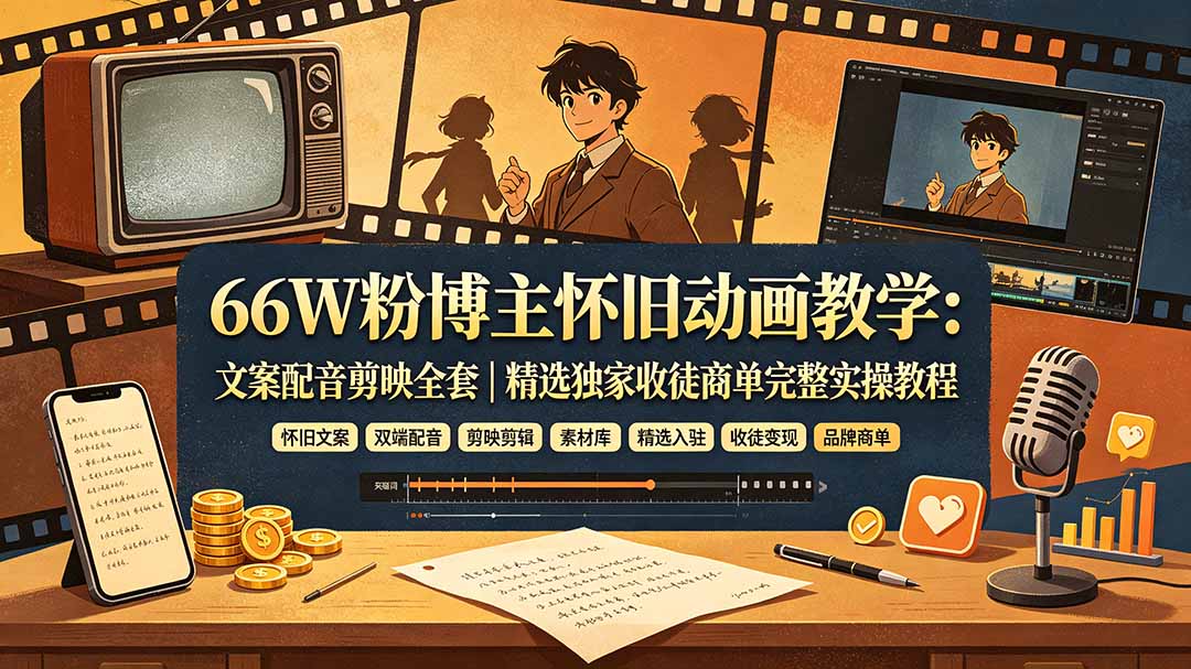 （19499期）66W粉博主怀旧动画教学：文案配音剪映全套｜精选独家收徒商单完整实操教程-悟空知识星球