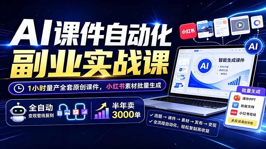 （19518期）AI课件自动化副业实战课：1小时量产全套原创课件×小红书素材批量生成×全自动变现管线×半年卖3000单-悟空知识星球
