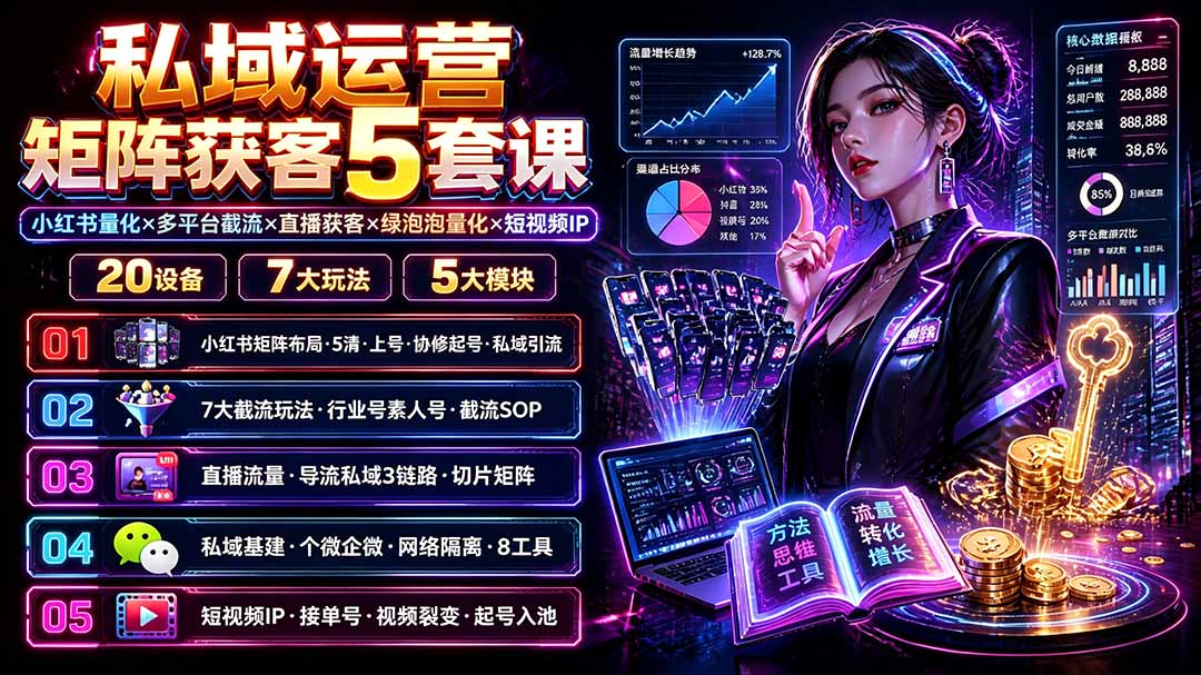 (19617期)私域运营矩阵获客5套课:小红书量化×多平台截流×直播获客×绿泡泡量化×短视频IP×20设备×7大玩法-悟空知识星球