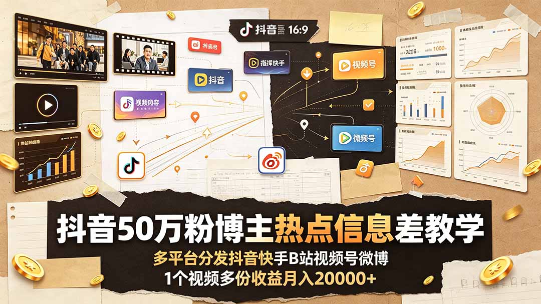 （19145期）抖音50万粉博主热点信息差教学：多平台分发抖音快手B站视频号微博，1个视频多份收益月入20000+-悟空知识星球