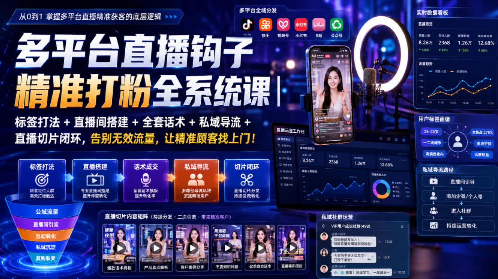 多平台直播钩子精准打粉全系统课｜标签打法+直播间搭建+全套话术+私域导流+直播切片闭环，告别无效流量，让精准顾客找上门！-悟空知识星球