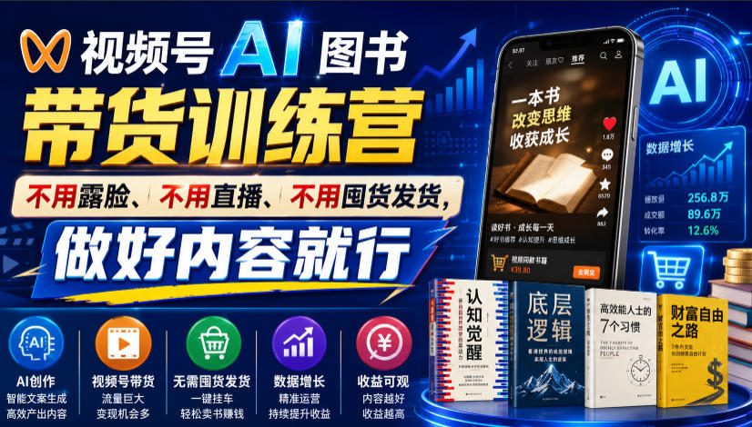 视频号AI图书带货训练营,不用露脸、不用直播、不用囤货发货,做好内容就行,一条爆款视频佣金8942-悟空知识星球