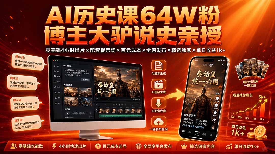 （19557期）AI历史课64W粉博主大驴说史亲授：零基础4小时出片×配套提示词×百元成本×全网发布×精选独家×单日收益1k+-悟空知识星球